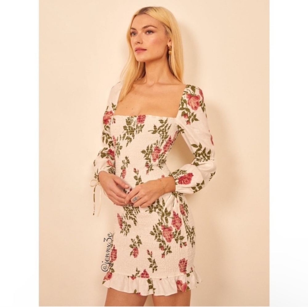 Reformation Hilary smocked floral-print linen mini dress Size XL